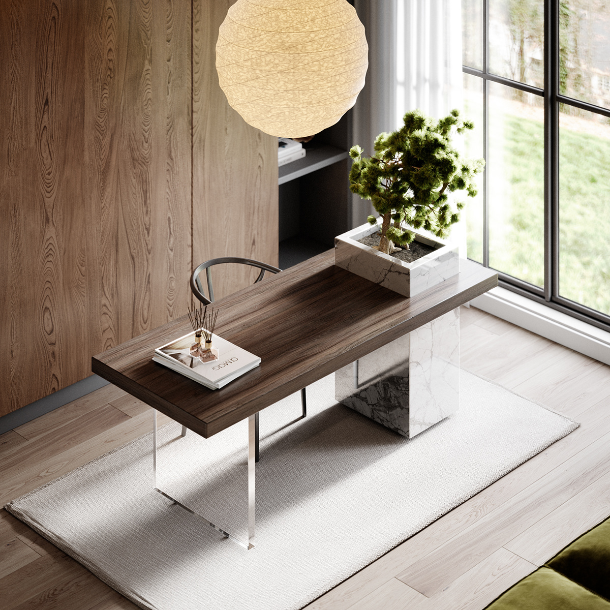Modern Zen Home Office in Wood, Marble and Velvet — Home Office Bits
