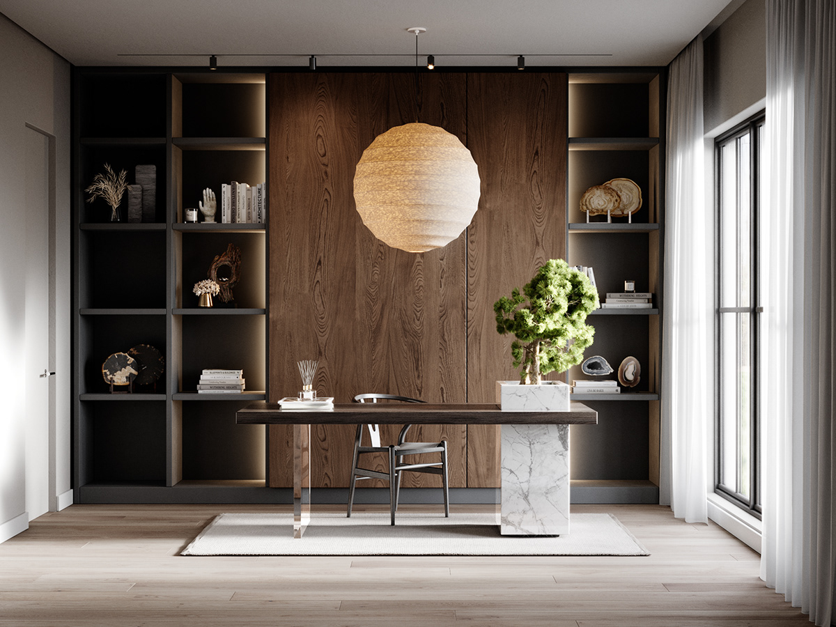 Modern Zen Home Office in Wood, Marble and Velvet — Home Office Bits